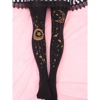Sweet Mori Girl Tights Kawaii Gold Star & Moon Stamped 100D Lolita Pantyhose