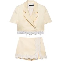 HH Women Summer Spring Coquette Cream Cropped Blazer Top Spring Lace Trim Short Sleeve Mini Skirt Co Ord Set For Daily Wear