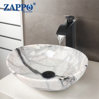 ZAPPO Marble Pattern Ceramic Vessel Sink Set, Black Matte Faucet Combo Modern Bathroom Above-Counter Basin Vanity Sink Basin