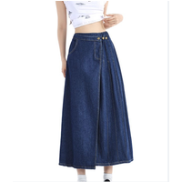 Retro Light Blue Pleated Denim Skirt for Women's 2026 New Design Sense Button Elastic High Waist A-line Mid-length Half Skirts