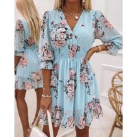 Women Dresses 2026 New Spring Fashion Floral Print V-Neck Three-Quarters Sleeve Shirred Waist Ruffled Hem Casual Mini Dress
