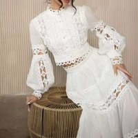 Sexy Embroidery Hook Flower Hollow Crochet Skirt Set Elegant Pring Stand Collar Button Top+A-line Skirt Outfit Lace Suits New