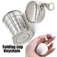 1Pc 75ML Stainless Steel Folding Cup Keychain Stainless Steel Folding Retractable Cup Teacups Teaware Folding Glass