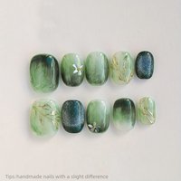 10pcs Handmade Green Smudge Gold Leaf Press On Nails Square Short Fresh Elegant Fake Nails Flower Decor False Nail