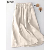 ZANZEA Women A Line Cotton Skirt Elastic Waist Midi Skirt Solid 2024 Summer Korean Side Pockets Falda Saias Casual Holiday Jupe