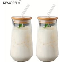 KEMORELA 1/2PCS Vertical Striped Glass With Lid and Straw Vertical Stripes - Suitable For Coffee Milk Juice Whiskey Soda Cups