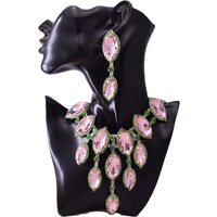 Glass Gemstones Necklace Earring Set Jewelry for Bridal Wedding women Pendant Necklaces Pink V shape women