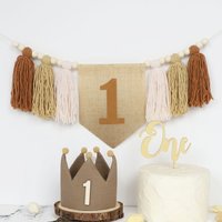 Coffee Brown Birthday High Chair Banner and Crown ,First Birthday Party Photography Prop Wooden Bead Tassel Garland Room Decor