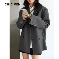 CHICVEN Women Office Lady Blazer Cuff Embroidery Wide Shoulder Twill Suit Women's Autumn Ladies Outerwear Stylish Tops
