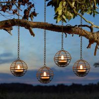 4PC Retro Solar Hanging Lanterns Outdoor Waterproof Rust Iron Ball Candle Tea Lights for Garden Patio Fence Yard Tree Decor Lamp