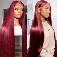 Perruque de cheveux humains lisses bordeaux 13x6 HD Lace Frontal, perruques de cheveux humains Lace Front 13x4 pour femmes, couleur 99J, densité 200