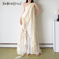TWOTWINSTYLE Solid Loose Spliced Lace Dress for Women Diagonal Collar Sleeveless Patchwork Folds Dresses Female Elegant Style