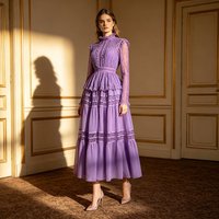 Fashion Lace Trim Embroidery Big Swing Dress Spring Women Stand Collar Long Sleeves Dress High Waist Pullover Knee Length Dress
