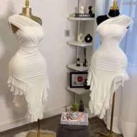 Elegant Women One Shoulder Stacked Ruched Ruffles Asymmetrical Bodycon Midi Dress 2026 Parties Vacation Street Dresses Vestidos