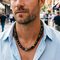 Classic 8mm Natural Stone Necklace Men Tiger Eyes Howlite Onyx Beaded Stainless Steel Chain 20inch Short Collar Homme Jewelry