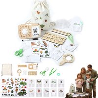 Kids Outdoor Exploration Kit Wooden Nature Treasure Hunt Board Magnifying Glass Insect Catcher Drawing Board Identification Card