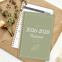 2026-2028 Monthly Planner, Sage Green Minimalist Botanical Spiral Calendar Notebook, PP Cover, 100GSM Paper, Mini Calendar