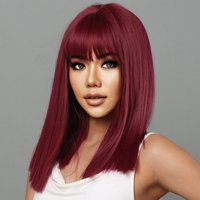 Fashion synthetic fiber female long straight hair full head set with fringe wine red medium long hair high temperature silk wig