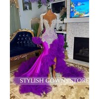 Purple Crystal Mermaid Prom Dresses Long for Women 2025 Ruffle Tiered Formal Evening Gowns Beaded Tassel Party Dresses