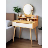 60cm Natural Wood Vanity Dressing Table Without LED Mirror Assemble Type Makeup Desk with Drawer and Top Storage Shelf for Bedroom Cosmetic Organizer