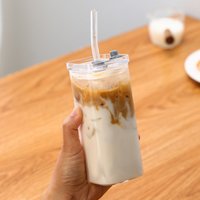 400ml Square Heat Resistant Coffee Glass Cup With Lid And Straw Transparent Milk Tea Juice Cups Coffee Mug Home Bar Drinkware