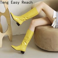 2025 Plus Size 34-43 Concise Patent Leather Mid-calf Boots for Women Shoes Blue Yellow Black Red Green Winter 2023 Long Botas