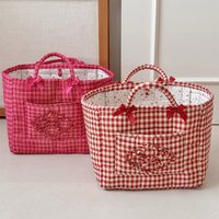 New Fabric Storage Basket Red Checkered Large Capacity Quilted Laundry Hampers Collapsible Dirty Clothes Handleld Organizer Home