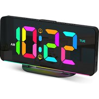Digital Alarm Clock Desk/Wall Dimmable Electronic Clock with RGB Atmosphere Night Light Rainbow Time USB Charger Week Display