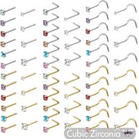 6/10Pcs CZ Gem Surgical Stainless Steel Nose Rings Nostril Piercing Studs Jewelry S L Bone Shape Multi Color Round Crystal 20g