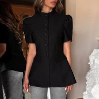 2025 Summer New Stand Collar Single Row Buttons Puff Sleeve High Waist Slimming Black White Shirt Jacket Women Fashion Top