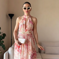 Women Pink Floral Halter Maxi Dress Sleeveless Chiffon Long Dress Elegant Party Wedding Guest Sundress Boho Beach Summer Casual