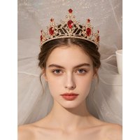 Retro Baroque Red Diamond Gold Crown, Bridal Toast Dress Crown, Evening Queen-Style Diamond-Encrusted Headpiece