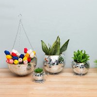 Round Disco Mirror Ball Hanging Flower Pot Multi Purpose Storage Basket Boho Style Indoor Plant Succulent Planter Home Ornament