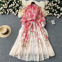 Retro Print o neck lool sleeve sashes Single Breasted Dress A-line Casual High Waist Women Summer chiffon Dresses