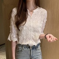 2024 elegante Blusen Sommer bestickt weißes Spitzenhemd Blumenbluse Kurzarm Damenhemdbluse Neu 9638