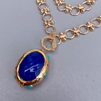 KKGEM 24x30mm Blue Jade Turquoise Pendant Necklace Gold Plated Chain Simple Necklaces