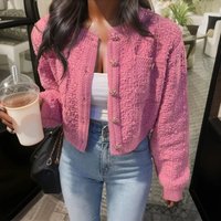 Elegant O Neck Women Cardigan Short Sweater Jacket New Autumn Fashion Loose Knitted Cropped Long Sleeved Single-breasted Coats