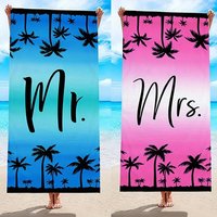 Light Blue Pink Simple Mr Mrs Couple Beach Towel Pair Microfiber Quick Dry Soft Bath Towel For Bride Groom Travel