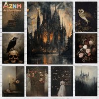 AZNM Dark Gothic Castle Canvas Wall Art Vintage Moody Aesthetic Print Unframed Painting For Home Room Decor