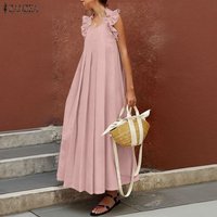 ZANZEA 2026 Women Dresses Bohemian Party Maxi Long Vestidos Pleated Solid Color Ruffle Sleeveless Sundress Beach Patchwork Robe