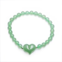 Romantic Green Aventurine Heart Charm Bracelet 8mm Round Natural Gemstone Beads Love Pendant Stretchy Adjustable Bangle