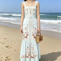 Women Green Floral Print Sleeveless Dress high waist Casual fashion Holiday Beach Dress