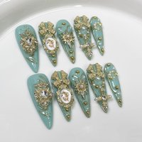 10Pcs/set Retro Green Stiletto Handmade Press on Nails 3D Golden Bow Fake Nails Spicy Girls False Nails 네일팁 Накладные Ногти Uñas