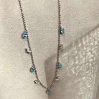 Fresh Sea blue color gemstone tassel necklace maple leaf light luxury fashion round bead chain trendy exquisite jewelry