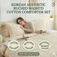 Ruched Comforter Luxury Pinch Pleat Bedding Set, Ultra Soft Washed Cotton Boho Quilt Set with Ruffled Pillow Shams 3-Piece
