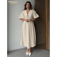 Clacive Summer Loose Apricot Cotton Women Dress 2025 Sexy V-Neck Short Sleeve Ankle Length Dresses Elegant Lace-Up Female Dress