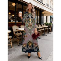Long Sleeve Dress Ethnic Style Casual Flowy Midi Dress for Women Autumn Winter Fashion A Line Solid Color Loose Fit