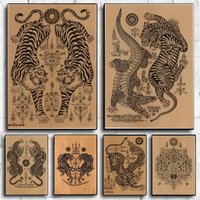 Thai S-Sak Yant Twin Tigers Poster Stickers HD Waterproof Painting Wall Art for Bedroom Living Room Home Decor Decoration Gift
