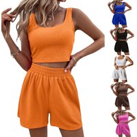 Sweet 2026 Girl Women's Knitted Sleeveless Fashion Casual Set High Waist Short Pants Pure Color T-Shirt for Summer Sports