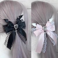 Jirai Kei Fashion Lace Edge Bow Hair Clip Black Pink Lolita Daily Headwear Kawaii Devil's Wings Accessories Landmine Style